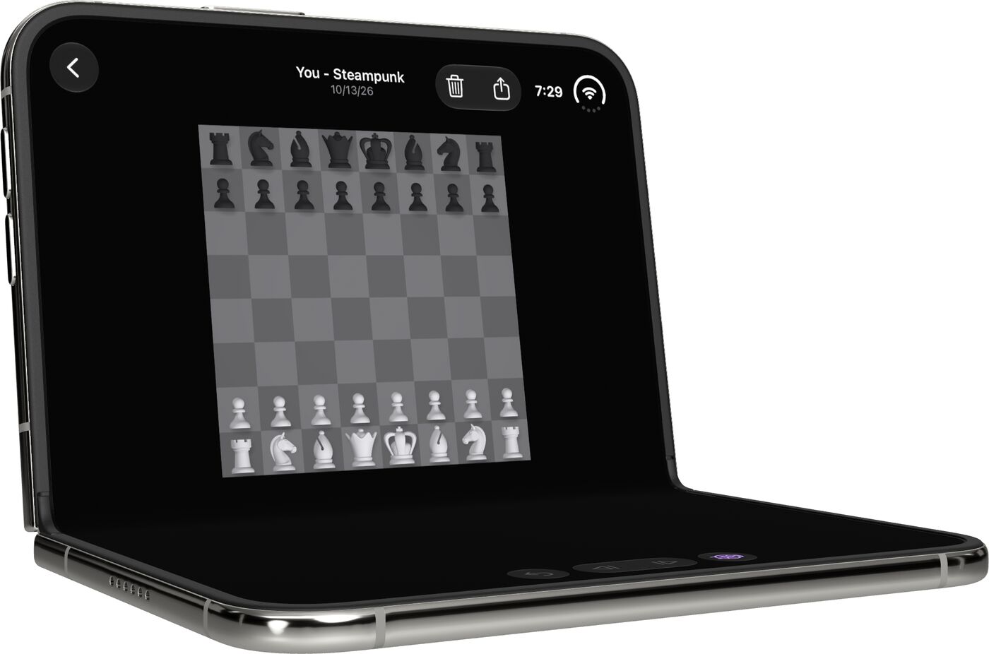 iPhone Duo in laptop pose with the board in the upper half, in Dark Mode