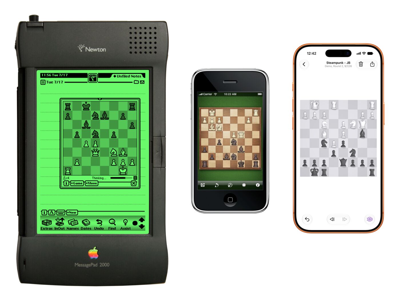 Apple Newton MessagePad 2000, original iPhone, and iPhone 17 Pro, each running its contemporary version of Deep Green